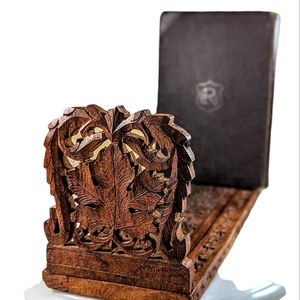 Hand Carved Wooden Expandable Bookends Holder Vintage Made In India